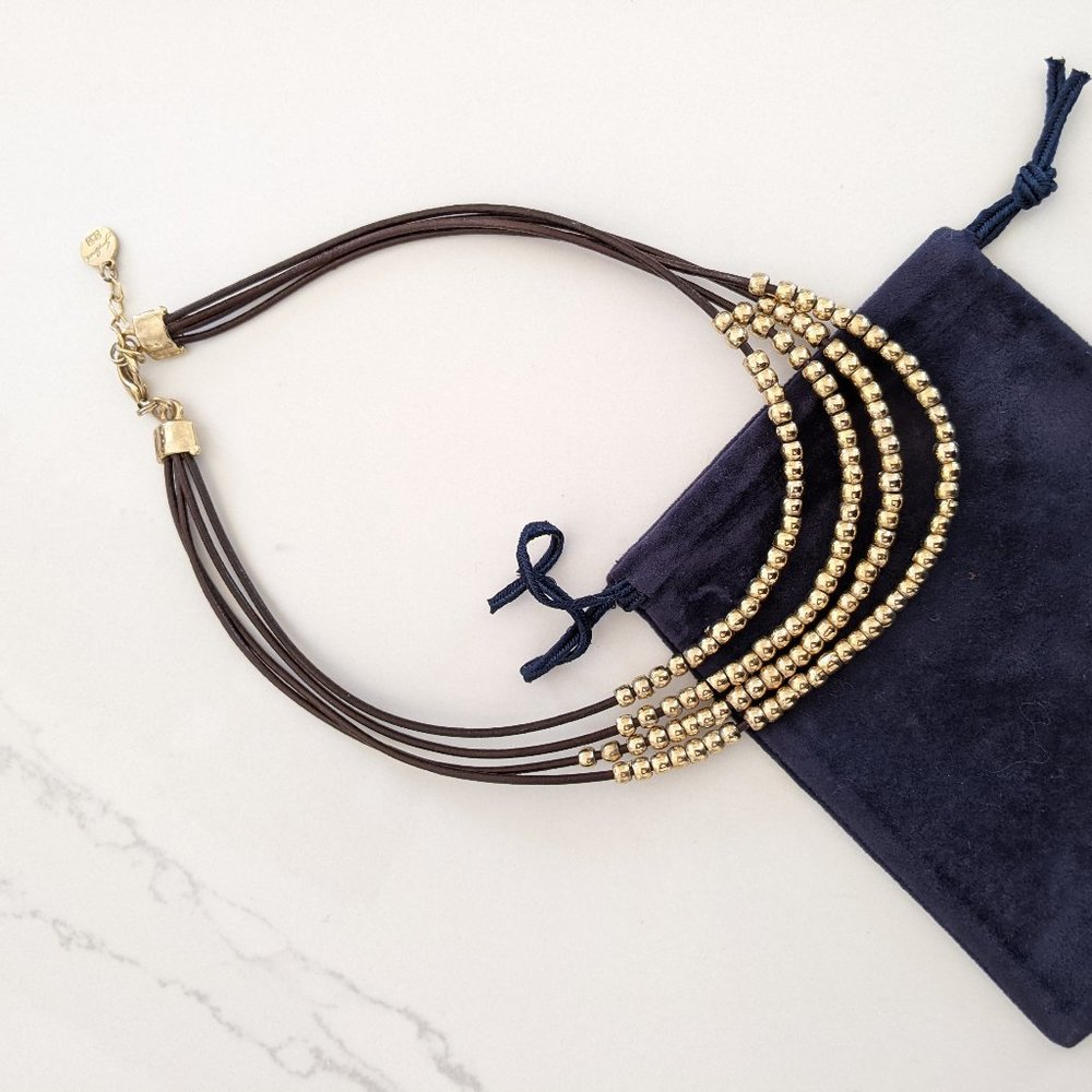 Multi-Layer Necklace Gold Beads Brown Leather Cord EUC Artisan Handmade Like New